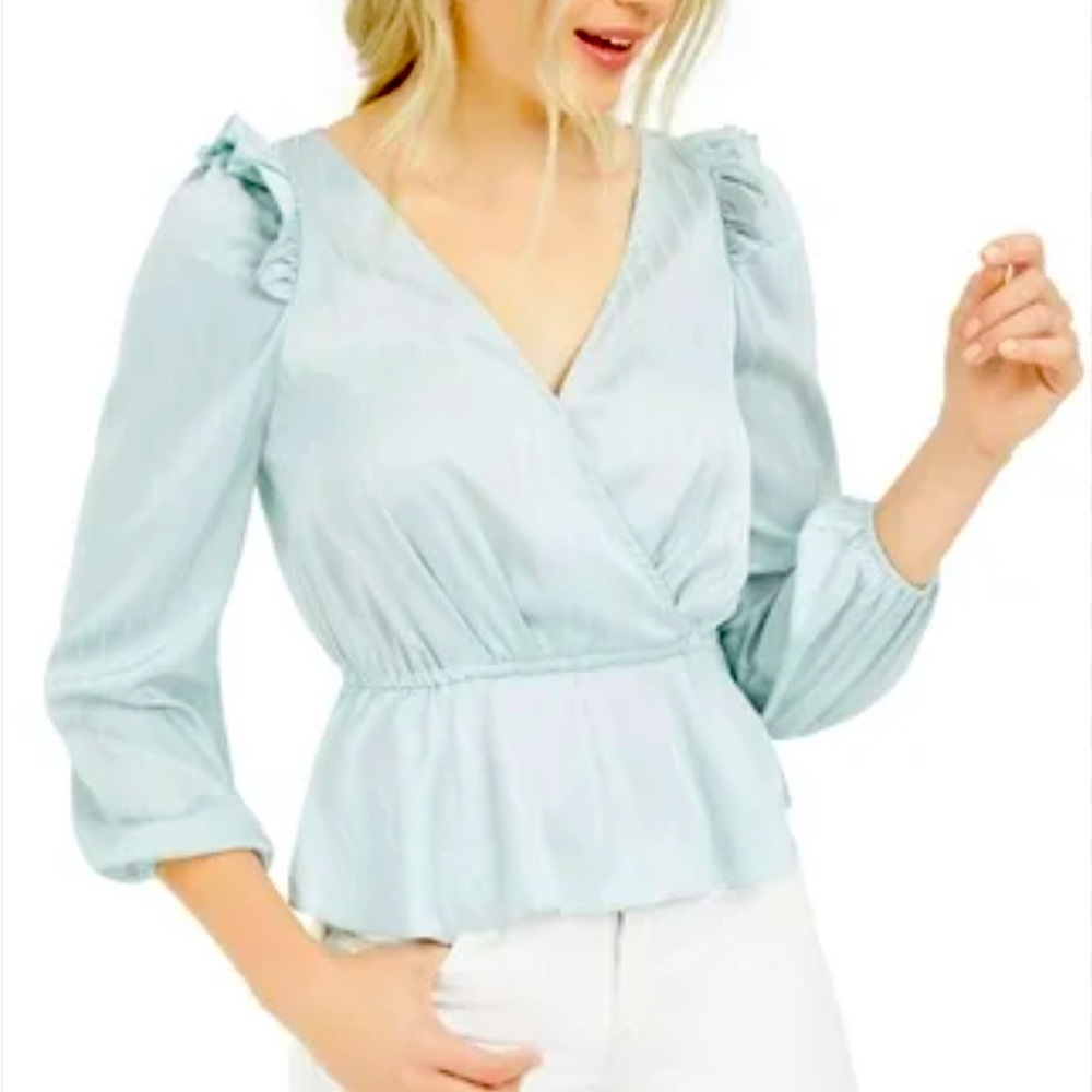 LEYDEN Womens Aqua Ruffled Pinstripe Long Sleeve V Neck Party Top Size M